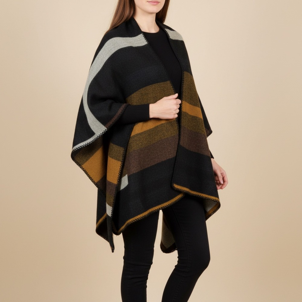 Reversible Striped Ruana Wrap Open‑Front Poncho Earth‑Tone Color block One Size